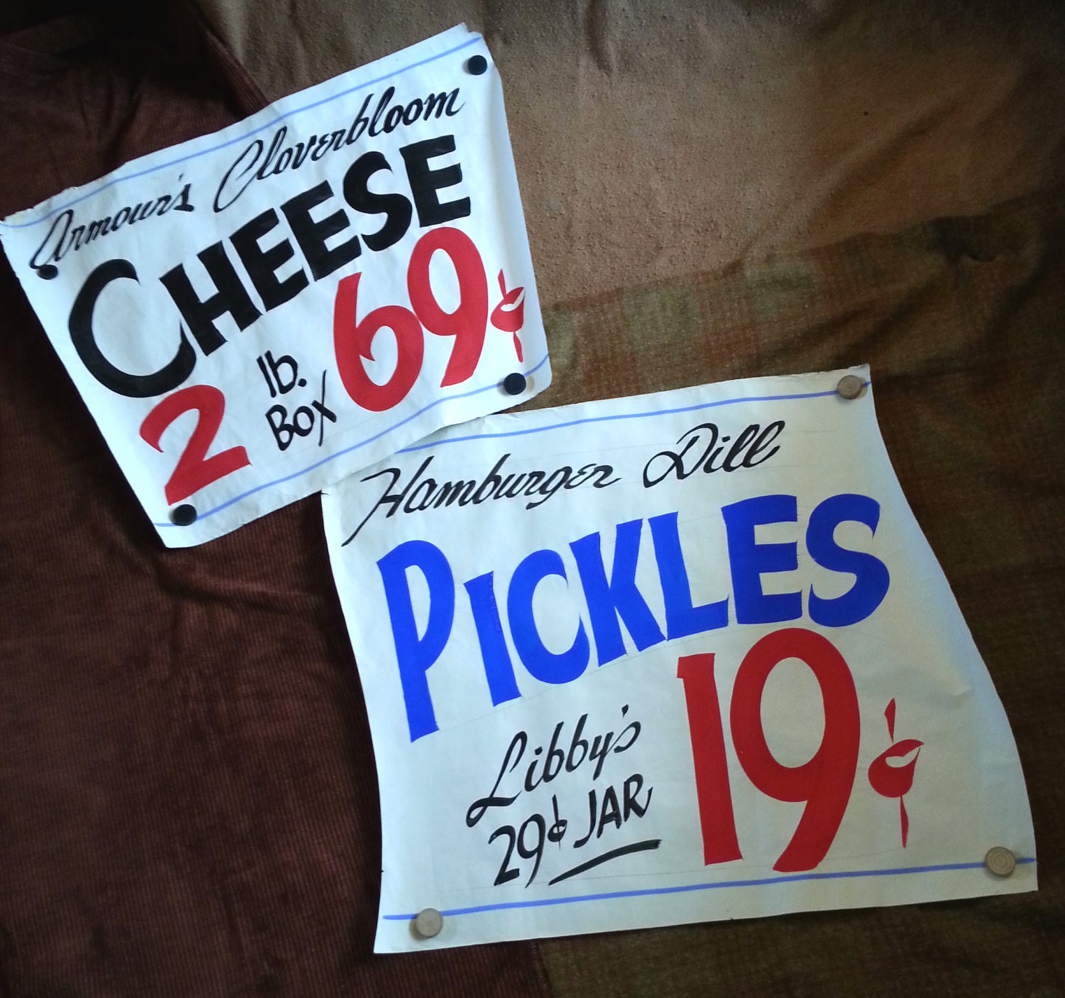 Pair of Vintage Hand Painted Paper Grocery Store Window Signs