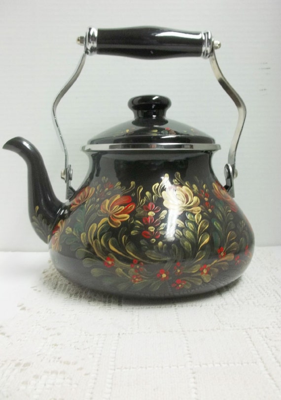 New Tea Kettle Black EnamelStove Top Safe Two by FolkArtByNancy