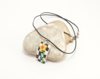 Polymer clay necklace - Chess board with flowers, flower necklace, floral necklace, handmade necklace, polymer clay jewelry, clay jewellery