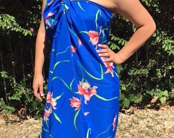Hawaiian wrap dress, swimsuit cover up, blue ,pink