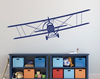 SALE Biplane Vinyl Decal Airplane Wall Decal Graphics Choose Color Children Boys Bedroom Decor Gift up to 110 inches wide