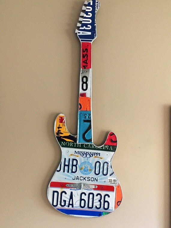 Vintage license plate electric guitar art by MusicAsArtBySarah