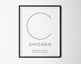 Chicago, Chicago print, Chicago poster, Chicago art, Chicago coordinates, City coordinates, Chicago printable, Printable wall decor