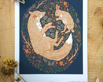 Fox and Hare Illustration Art Print, Fox and Rabbit Print, Floral Fox Print, Scientific Illustration, Natural History, 8x10" Giclee Print