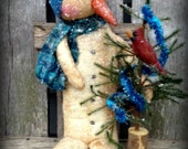 Primitive Folk Art OOAK Blue Christmas Snowman with Tree and Cardinal-Winter-Christmas-Hafair Team, DTHFAAP