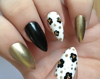 Gold Flower Fake Nails, Black False Nails, Daisy Nail Art, Glue On Nails, Press on, Acrylic, Faux Ongles, Kawaii Nail Art, Microbeads