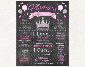Princess Chalkboard, Chalkboard Sign, Pink & Silver, Personalized, Birthday Chalkboard, Glitter, Crown, Hearts, Printable File