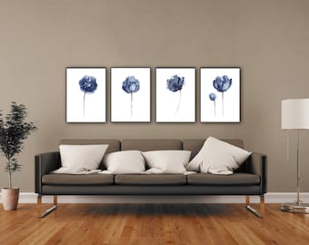 Peony Watercolor Painting Abstract Flowers set 4 Peonies Navy Wall Decor, Floral Illustration Blue Flower Art Print Minimalist Modern Home