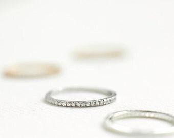 Silver Half Eternity Rings 1.2mm - Silver Stacking Rings - Thin Sterling Silver Band - Silver Wedding Band - Cubic Zirconia Pave Band - A45