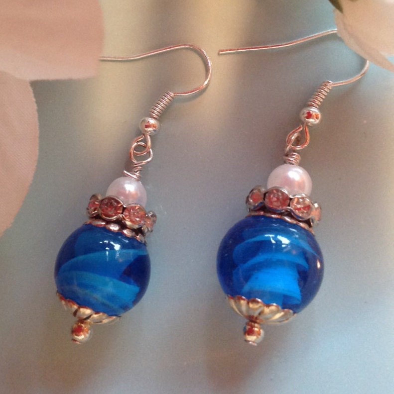 Marble earrings blue marble earrings pearl earrings beaded