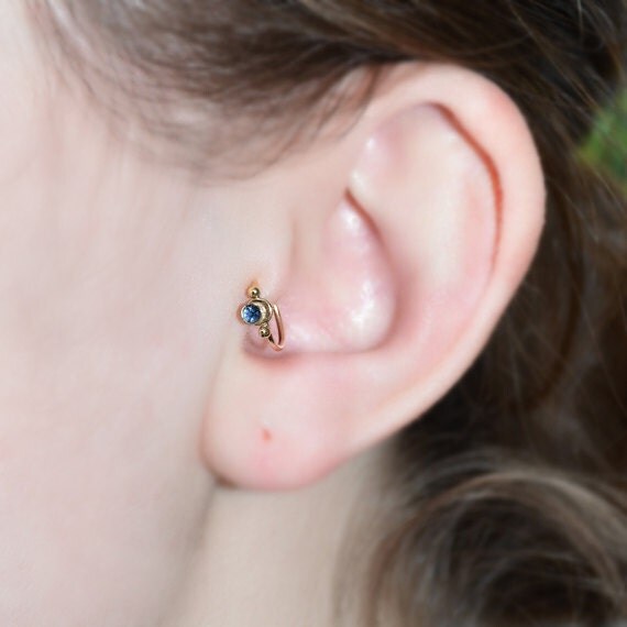 Gold Tragus Earring 2mm Sapphire - Nose Ring Stud - Cartilage Hoop Earring - Helix Piercing - 18g Rook Hoop - Septum Ring 18 gauge