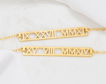 30% OFF! Roman Numerals Necklace • Cut-out Roman Numeral Gold Bar Necklace • Wedding Date Necklace • Wedding Gift • Personalized Gift NM24