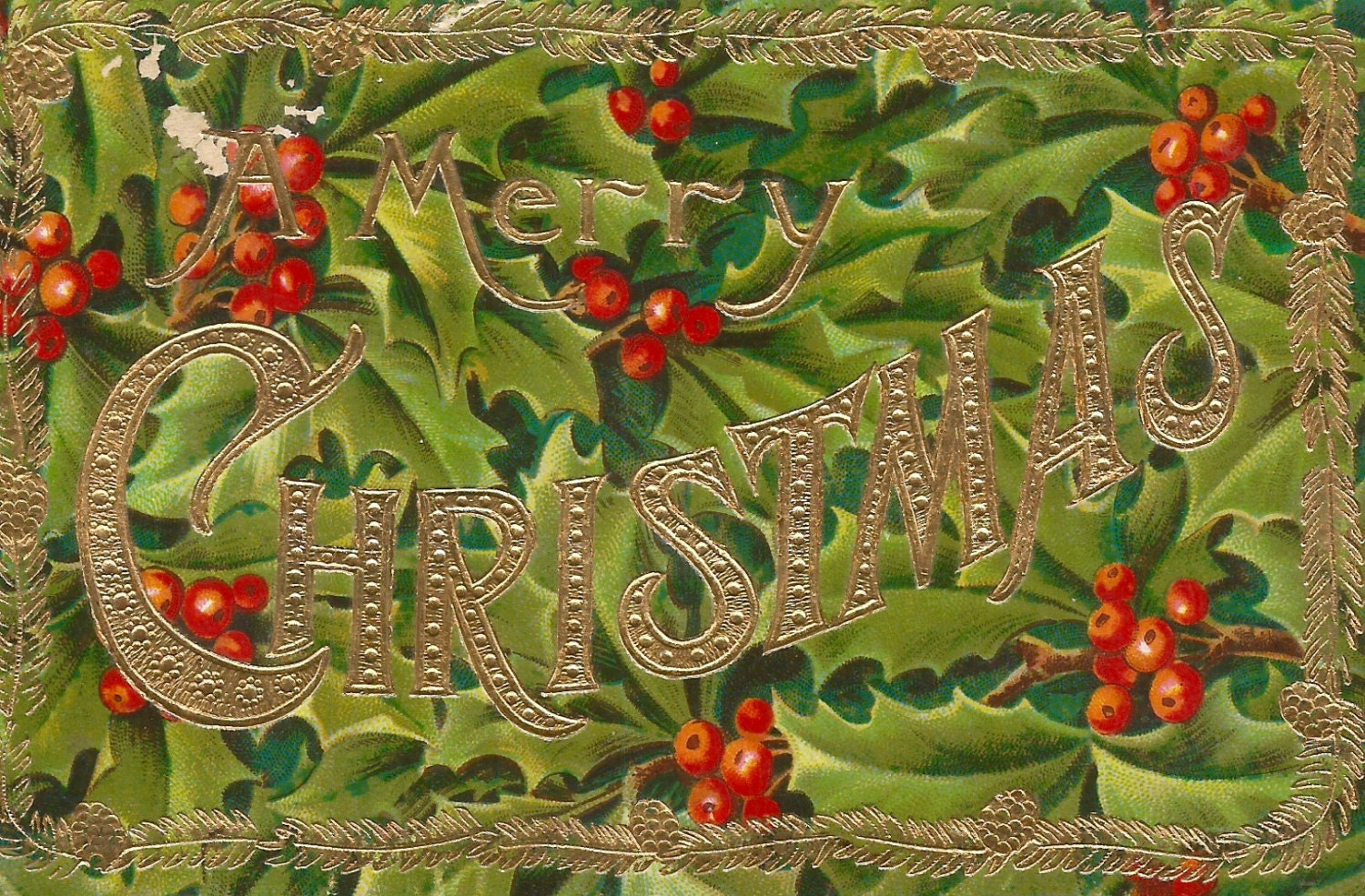 Vintage Merry Christmas holly berries postcard digital