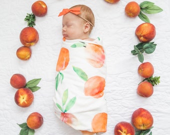 Organic cotton swaddle blanket in Sweet Peach, Watercolor Peaches