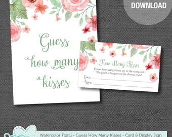 Guess How Many Kisses Game Card and Sign, Bridal Shower, Baby Shower, Instant Download, Printable, Kisses Game, Printable Kisses, 002A,005A