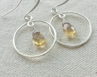 Citrine Gemstone Earrings, November Birthstone Citrine, Yellow Citrine Jewelry, Silver Swirl Earrings