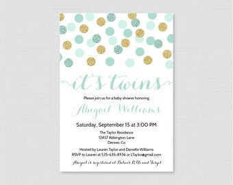 Twins Baby Shower Invitation Printable or Printed - Mint Twins Shower Invites with Gold Glitter Polka Dots - Mint Twins Invites 0008-m