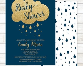 baby boy shower invitation, printable navy blue gold glitter rain cloud rain drops shower baby boy digital invite customizable