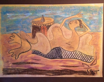 Old Pastel & Chalk Cubist Drawing Modernist Painting Signed Braque Like Picasso