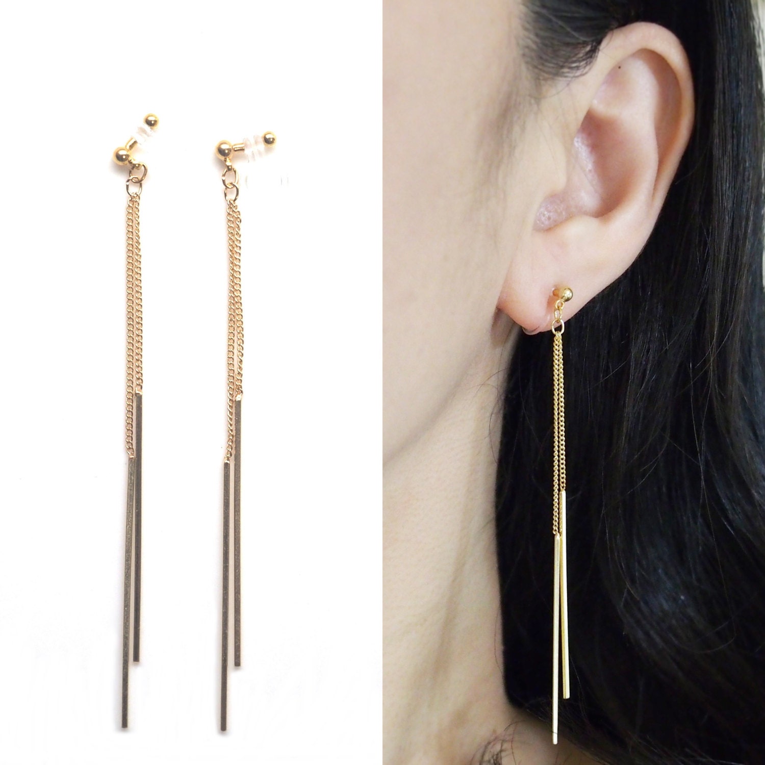 Dangle Bar Invisible Clip On Earrings Dangle Gold Threader