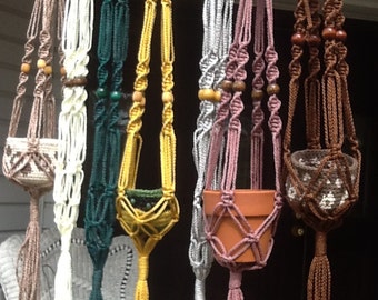 Small Macrame Plant Hangers, 4 mm Polyolefin cord, colorful choices of green, yellow, brown, gray, red, white, blue, purple, off white.