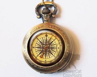 Vintage compass Pocket Watch Necklace, antique compass, retro Navigation, Vintage Gold or Silver Pocket Watch