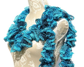 Turquoise Crochet Scarf, Crochet Ruffle Scarf, Crochet Scarf, Ruffle Scarf, Fashion Scarf, Ruffled Scarf, Gift, Frilly Scarf, Gift for her
