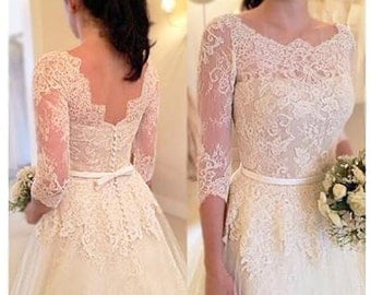 SALE! ...Custom Soft WHITE Vintage 50s Style Quarter Length Sleeve Lace Wedding Dress