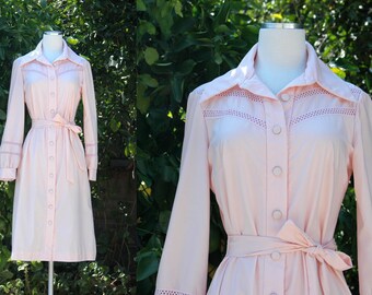 Pale Pink Western Shirt Dress // Midi Length, Long Sleeve Blush Pink Western Wear Shift Dress
