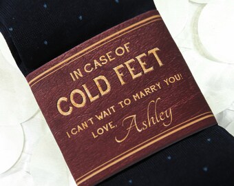 Custom Cold Feet Socks Label for Groom- Groom Gift on Wedding Day- Personalized Paper Wrapper with Embossed Effect- Grooms Socks Black/ Navy