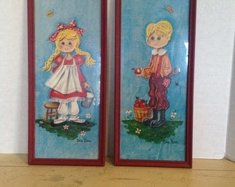 RARE Jack & Jill Framed Prints by Edna Vierra 1960s Pop Art