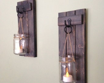 Wooden Candle Holder, Rustic Wall Sconce, Mason Jar Candle Holder, Wooden Wall Sconce, Wall Sconce, WHEATHERED BLACK, 5"x12" Set of 2