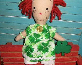 Primitive Red Haired Irish Prim Raggedy Doll with Wooden Shamrock OOAK Handmade