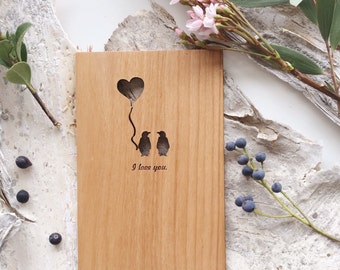 Penguin Love Wood Card [Love / Boyfriend / Five Year, Fifth, 5th Anniversary / Custom Anniversary Card / Valentine Card]