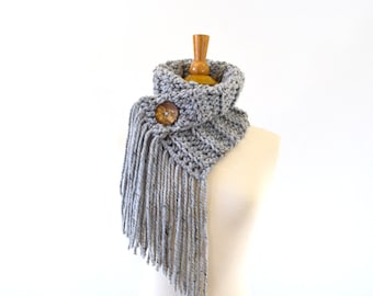 Fringed Chunky Scarf Cowl Neckwarmer with One Natural Coconut Shell Button | The Geneva