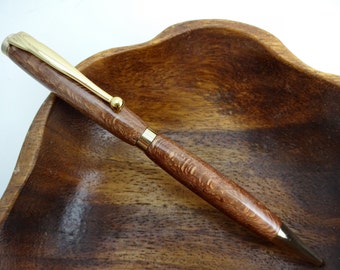 Macadamia Ballpoint Pen, Hand Turned Hawaiian Wood, Fancy Slimline Style, 24kt Gold Plated, In A Rosewood Box