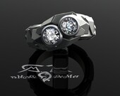 Two stone 1 cttw colorless VS diamond modern contemporary engagement ring. 18k Organic chiseled crystal habit mens & womens. Diamond Pair.
