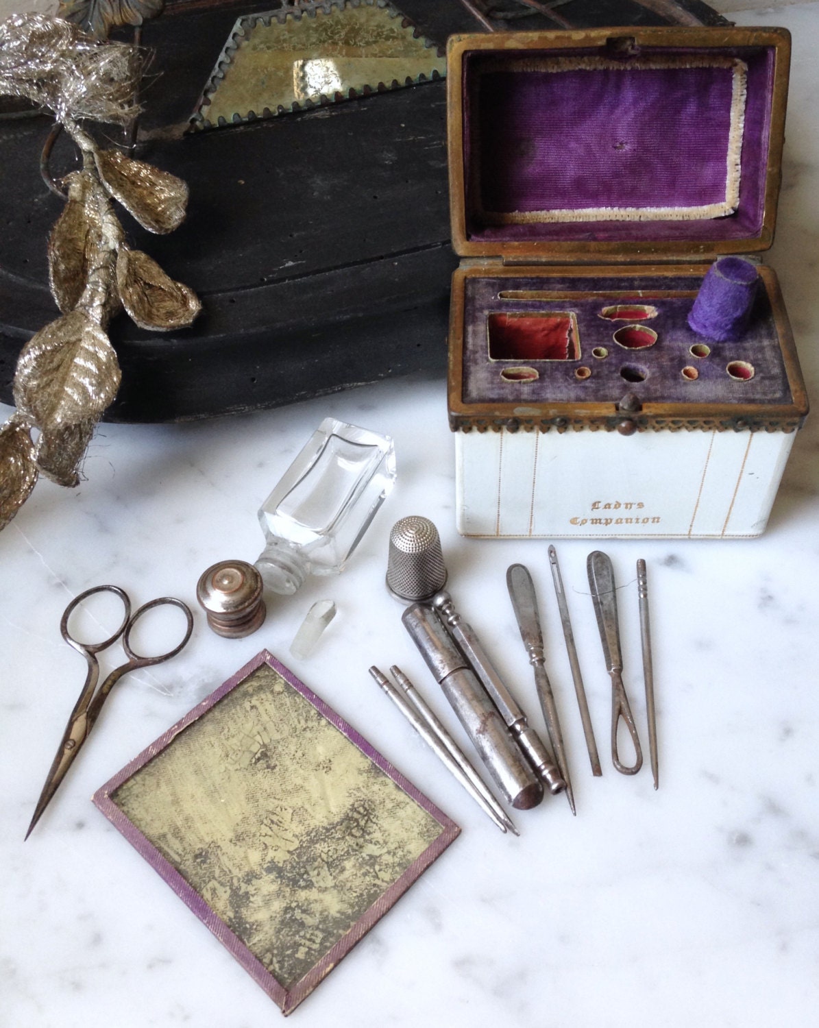 1800s antique French traveling sewing kit 19th century French