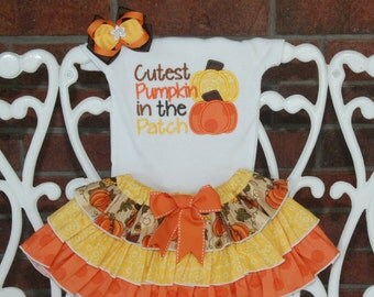 Girls Pumpkin Patch Outfit! *Cutest Pumpkin in the Patch* outfit with applique bodysuit/shirt, ruffle skirt, and hair bow!