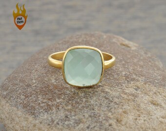 Aqua Chalcedony Ring-Sterling Silver Ring-Faceted 12mm Cushion Ring-Micron Gold Plated Gemstone Ring-Bezel Statement Ring-Gift for Her