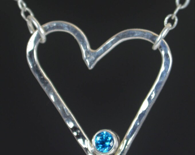 Blue Zircon Heart Necklace, Sterling Silver, Mothers Necklace, December Birthstone, Blue Zircon Necklace, Mother Necklace, Heart Pendant