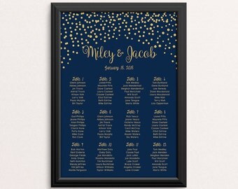 Wedding Seating Chart, Gold Confetti Navy Blue, Minimalist Wedding Table Number, Nautical, Gold sparkles, Personalize, Printable, Rush