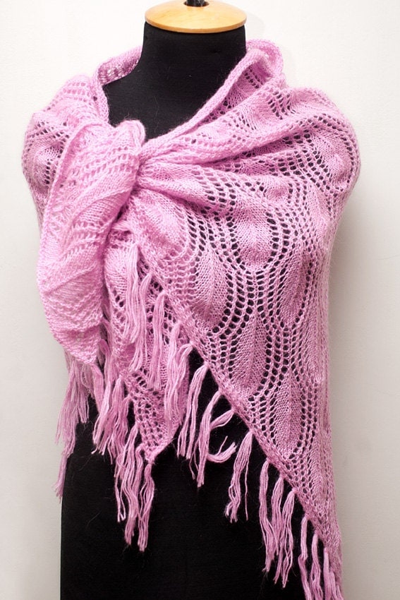 Knitted mohair pink shawl with tassels boho shawl by SanniKnitting
