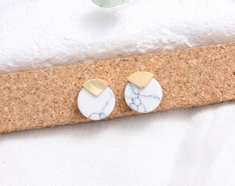 White Howlite Fan with Circle Stud Earrings, Round White Marble Stud Earrings