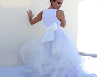 Two Shades BRIDAL SKIRT with Fabric Manipulation/ Robe de mariée /High-Low Tulle Skirt Wedding Gown and Removable Satin Bow Made to Order