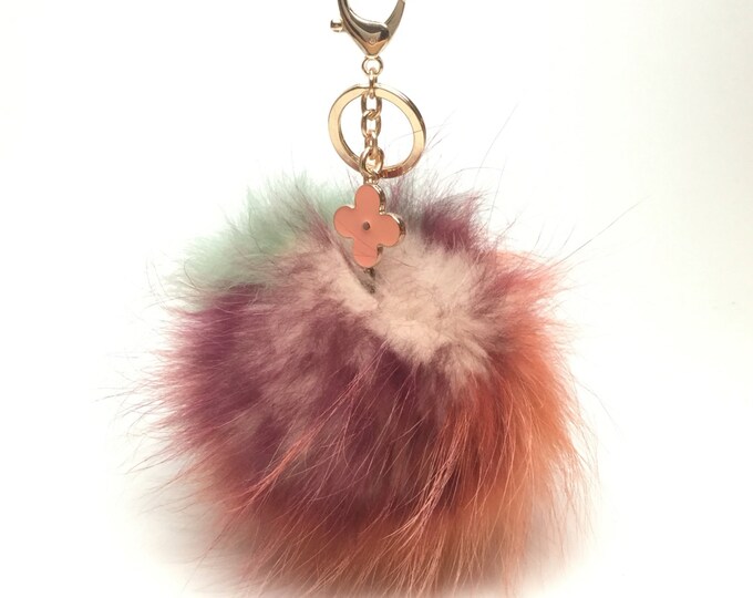 NEW Collection Dimensional Swirl™ Multi Color Raccoon Fur Pom Pom bag charm clover flower charm keychain piece no.255