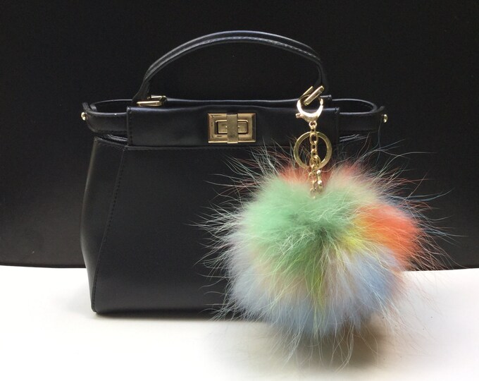 NEW Tropical Swirl™ Multi Color Raccoon Fur Pom Pom bag charm clover flower charm keychain piece no.316