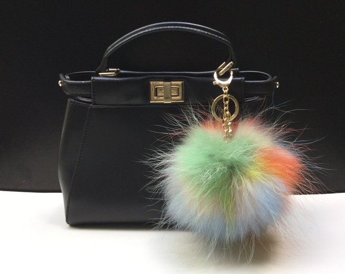 NEW Tropical Swirl™ Multi Color Raccoon Fur Pom Pom bag charm clover flower charm keychain piece no.316