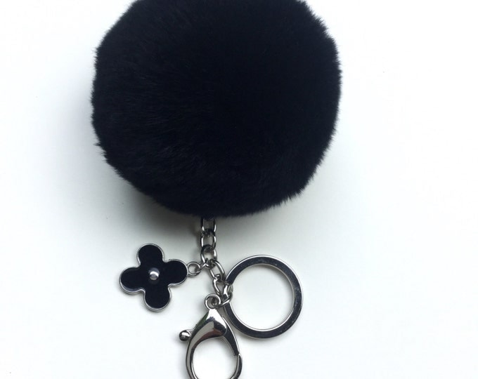 Instagram / Blogger Recommended Pom-Perfect Black REX Rabbit fur pom pom ball with black flower keychain