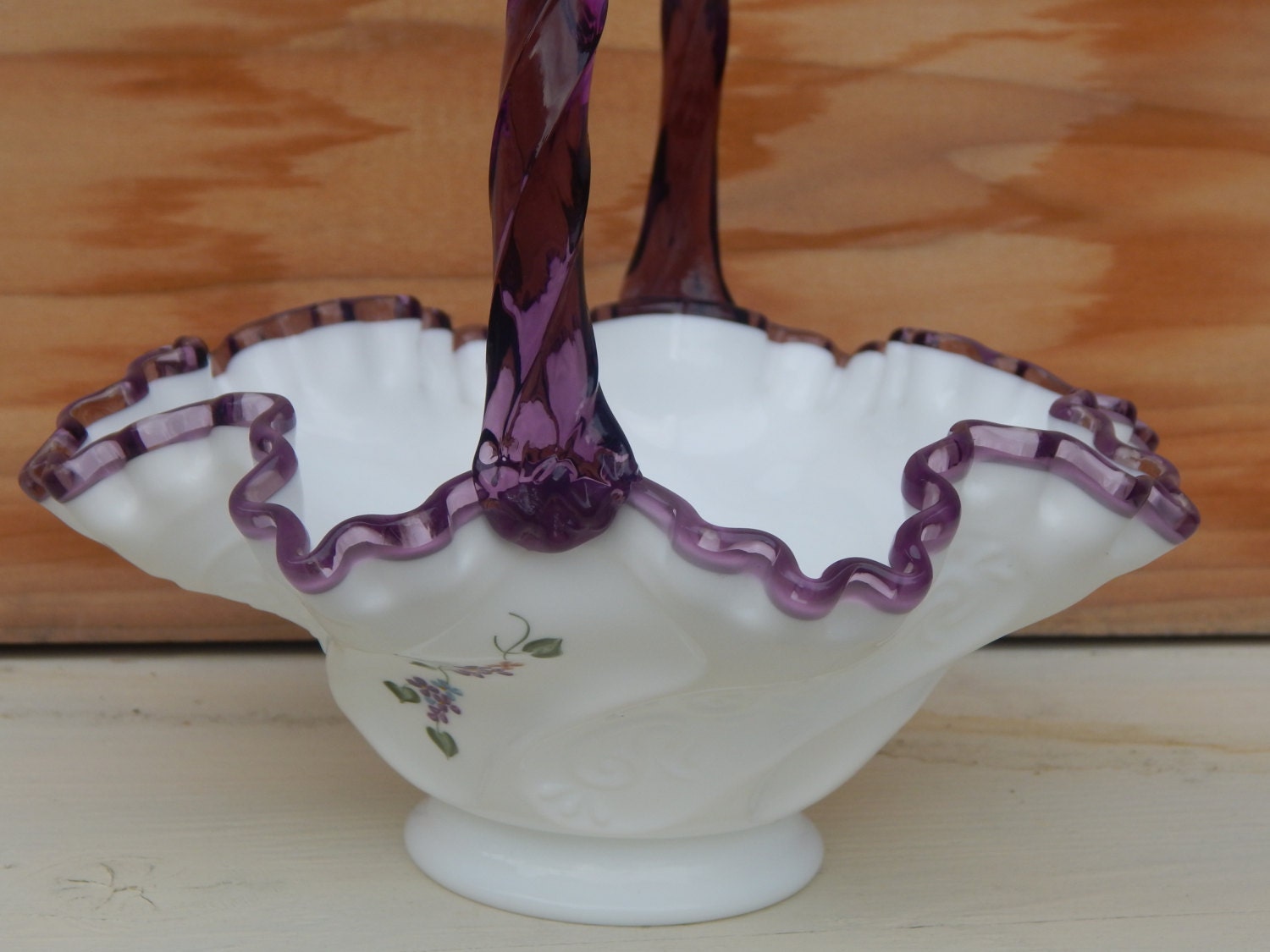 Fenton Purple Crest Glass Basket Handpainted Purple Floral
